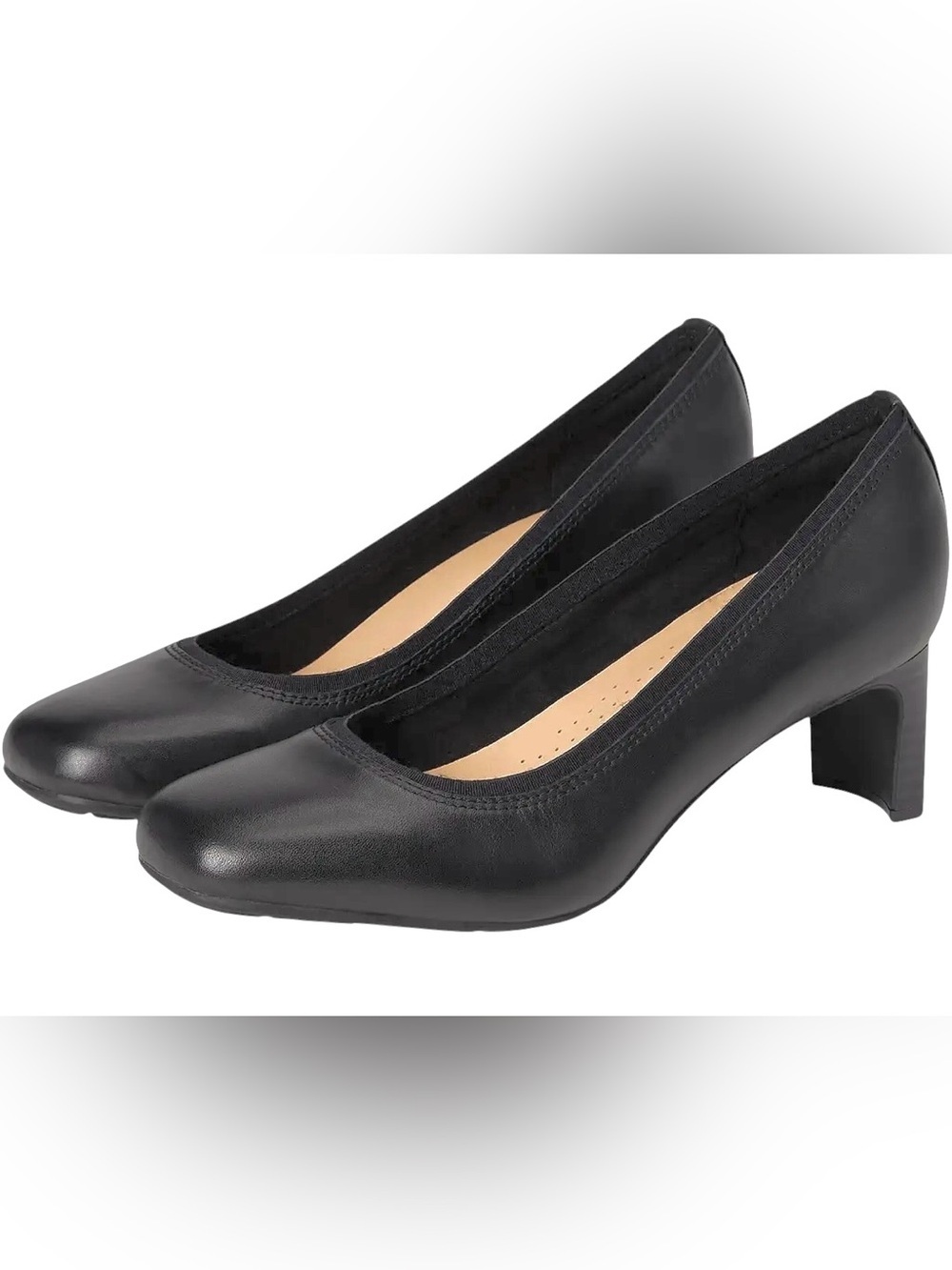 Clarks Women’s Black Leather Square-Toe Ballet Heels 9.5